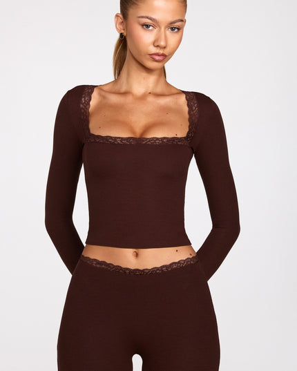 Chocolate Brown Ribbed Modal Square-Neck Long-Sleeve Top