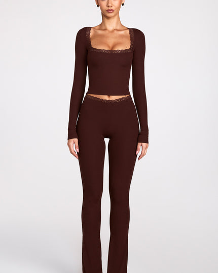 Chocolate Brown Ribbed Modal Square-Neck Long-Sleeve Top