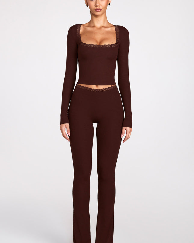 Chocolate Brown Ribbed Modal Square-Neck Long-Sleeve Top