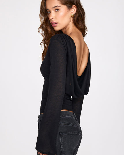 Black Sheer Jersey Long-Sleeve Backless Top