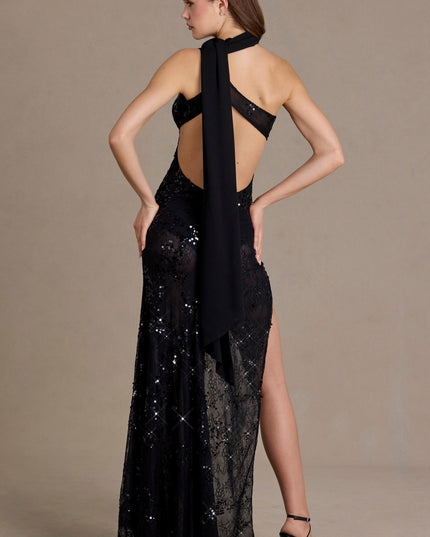 Black Sequin Lace Scarf-Detail Maxi Dress