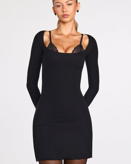Black Ribbed Modal Long-Sleeve Laced Bra Mini Dress