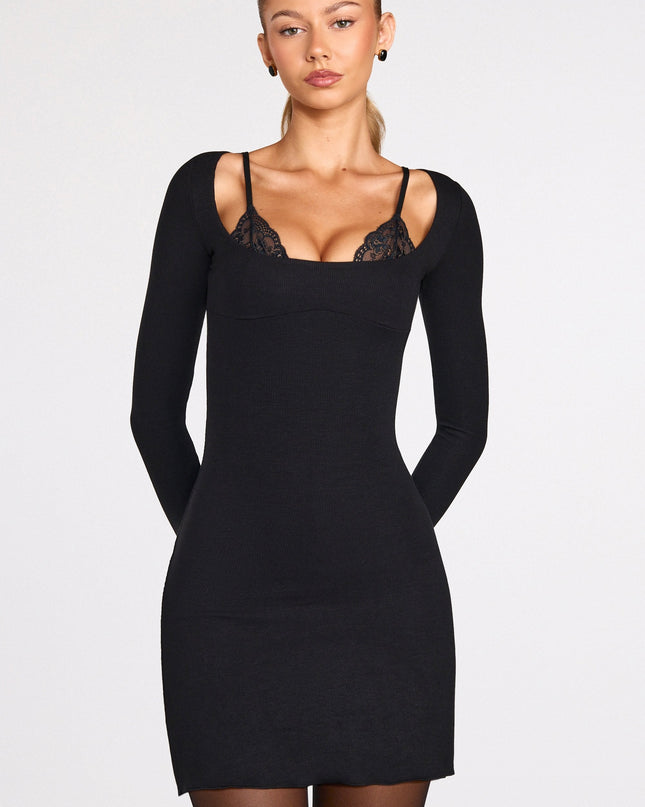 Black Ribbed Modal Long-Sleeve Laced Bra Mini Dress