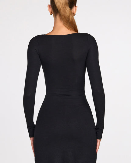 Black Ribbed Modal Long-Sleeve Laced Bra Mini Dress