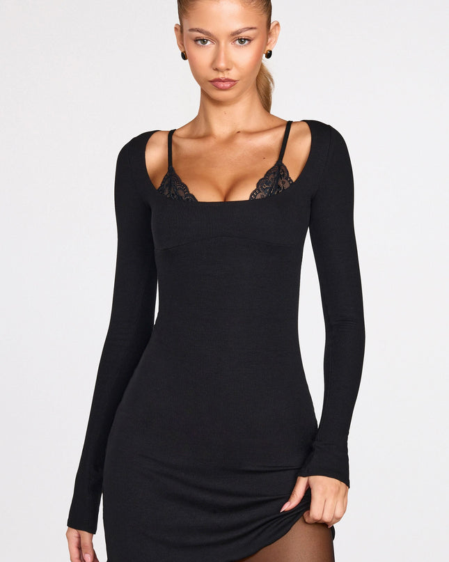 Black Ribbed Modal Long-Sleeve Laced Bra Mini Dress