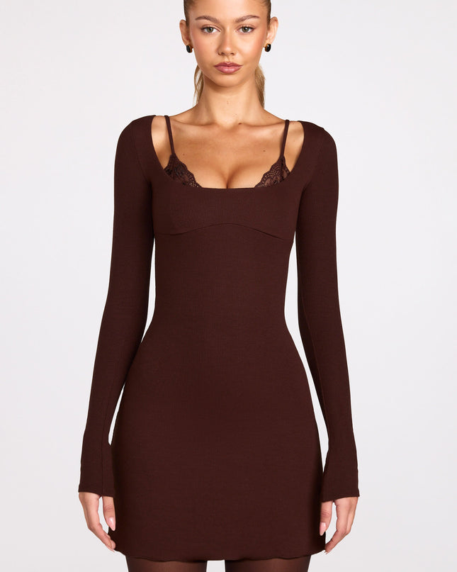 Chocolate Brown Ribbed Modal Long-Sleeve Laced Bra Mini Dress