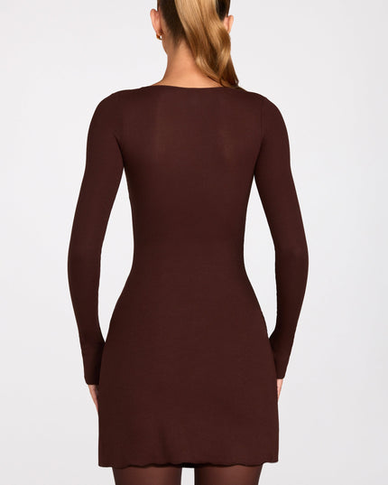 Chocolate Brown Ribbed Modal Long-Sleeve Laced Bra Mini Dress