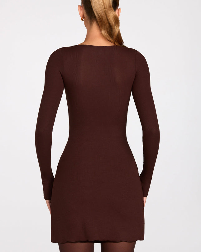 Chocolate Brown Ribbed Modal Long-Sleeve Laced Bra Mini Dress