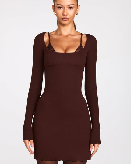 Chocolate Brown Ribbed Modal Long-Sleeve Laced Bra Mini Dress