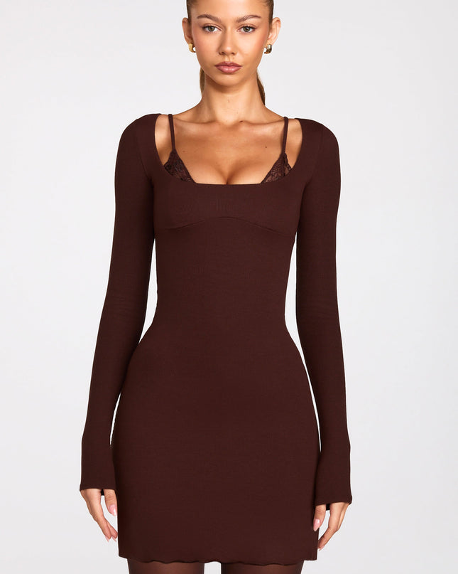 Chocolate Brown Ribbed Modal Long-Sleeve Laced Bra Mini Dress