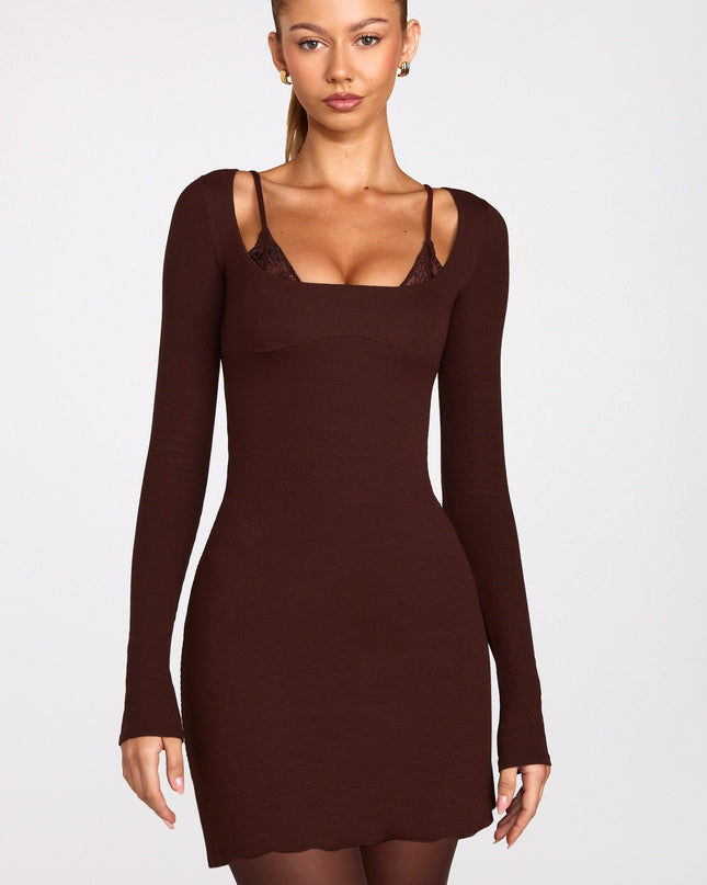 Chocolate Brown Ribbed Modal Long-Sleeve Laced Bra Mini Dress