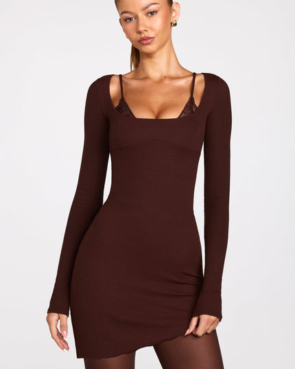 Chocolate Brown Ribbed Modal Long-Sleeve Laced Bra Mini Dress