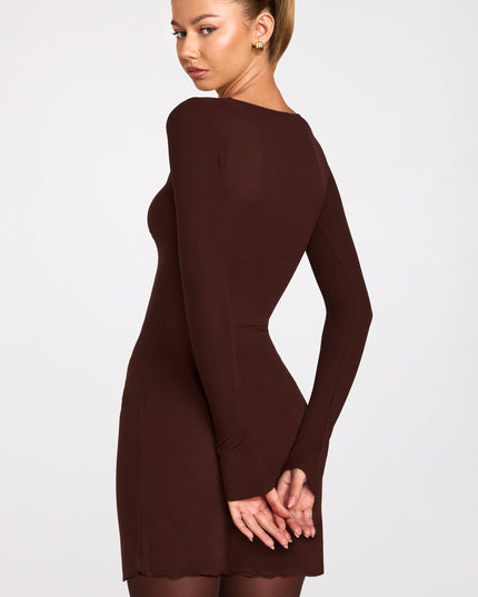 Chocolate Brown Ribbed Modal Long-Sleeve Laced Bra Mini Dress