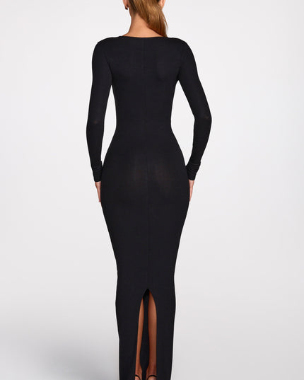 Black Ribbed Modal Long-Sleeve Plunge Maxi Dress