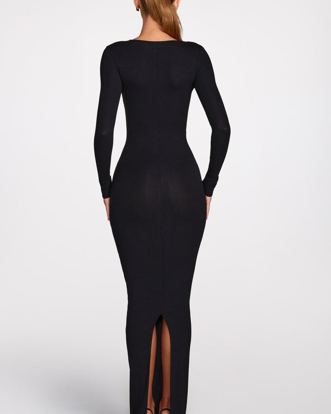 Black Ribbed Modal Long-Sleeve Plunge Maxi Dress