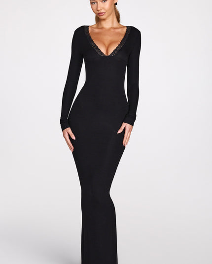 Black Ribbed Modal Long-Sleeve Plunge Maxi Dress