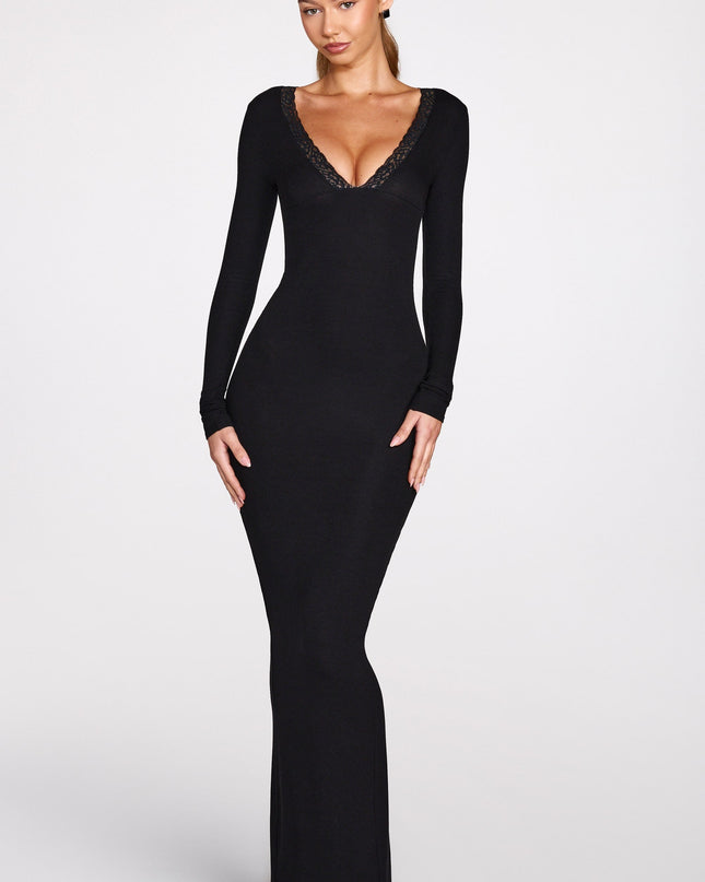 Black Ribbed Modal Long-Sleeve Plunge Maxi Dress