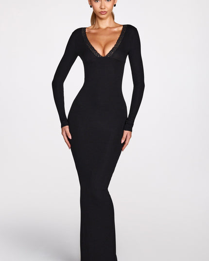 Black Ribbed Modal Long-Sleeve Plunge Maxi Dress