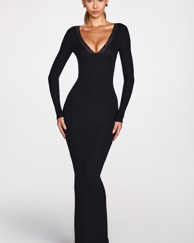 Black Ribbed Modal Long-Sleeve Plunge Maxi Dress