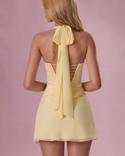 Butter Yellow Satin Draped Mini Dress