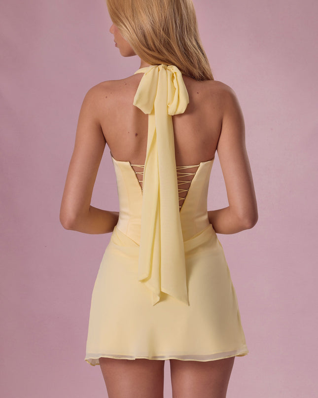 Butter Yellow Satin Draped Mini Dress