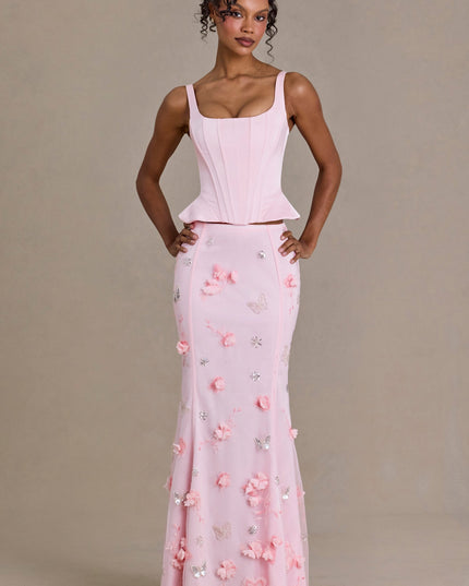 Baby Pink Embellished Tulle Skirt