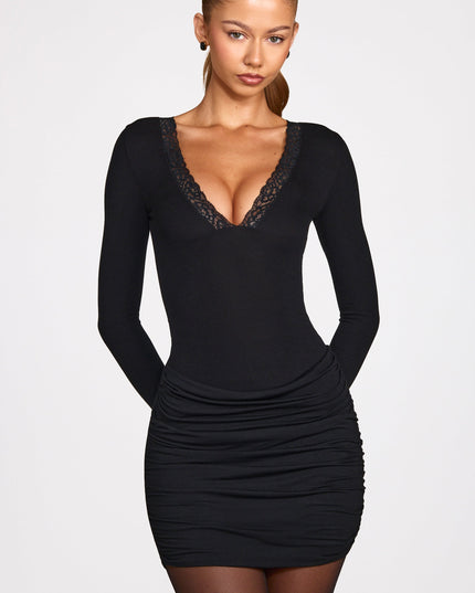 Black Ribbed Modal Long-Sleeve Draped Mini Dress