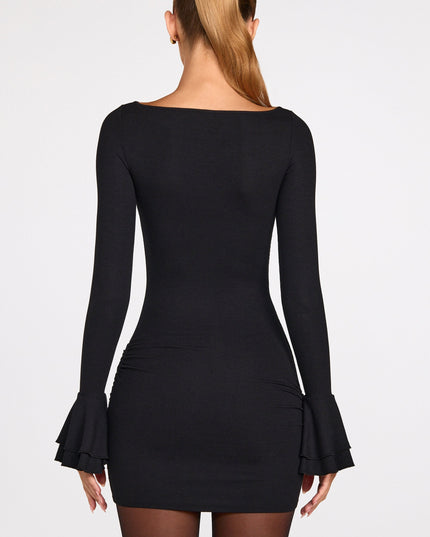 Black Ribbed Modal Long-Sleeve Draped Mini Dress