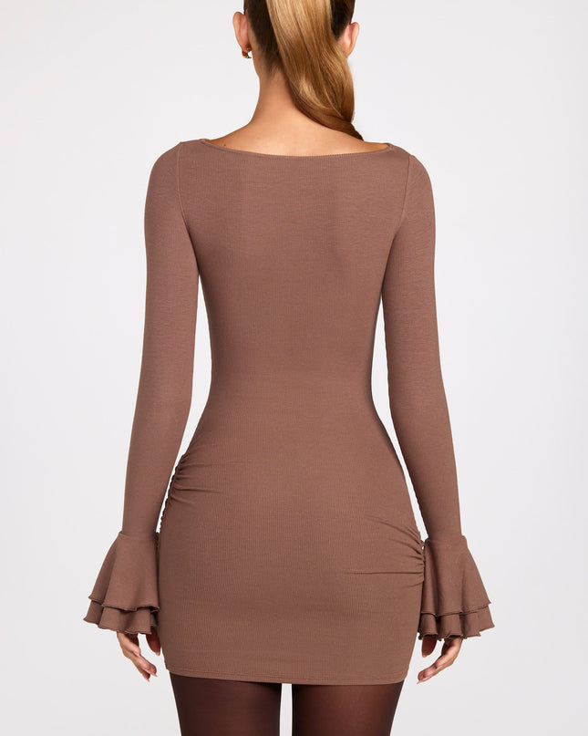 Mocha Ribbed Modal Long-Sleeve Draped Mini Dress
