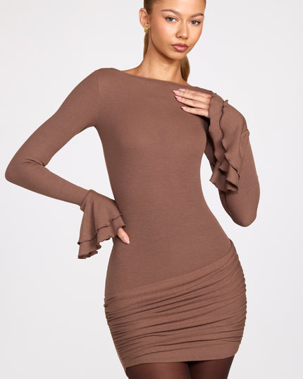 Mocha Ribbed Modal Long-Sleeve Draped Mini Dress