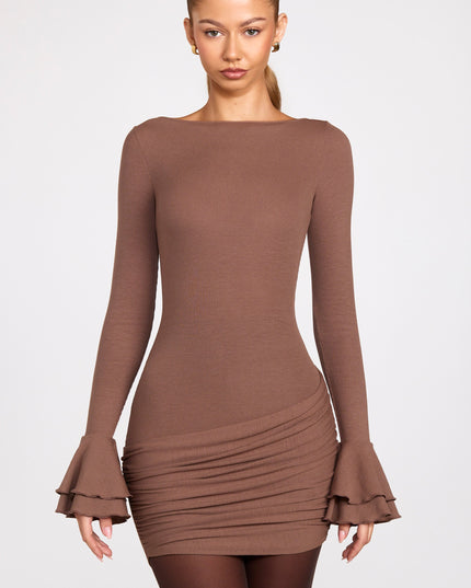 Mocha Ribbed Modal Long-Sleeve Draped Mini Dress