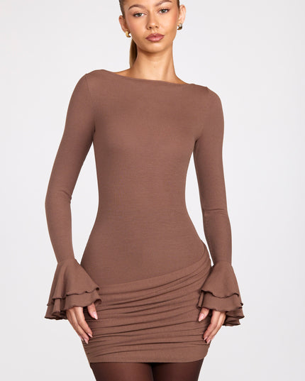 Mocha Ribbed Modal Long-Sleeve Draped Mini Dress