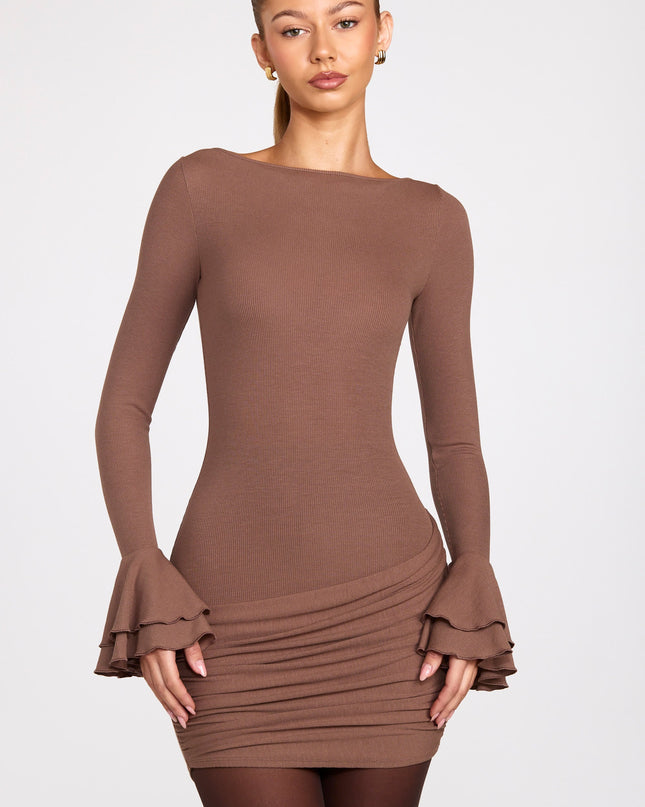 Mocha Ribbed Modal Long-Sleeve Draped Mini Dress