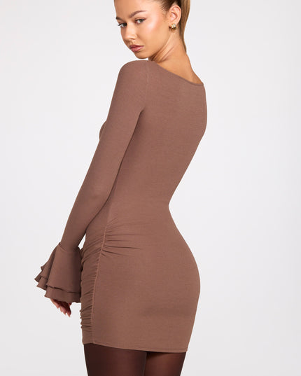Mocha Ribbed Modal Long-Sleeve Draped Mini Dress