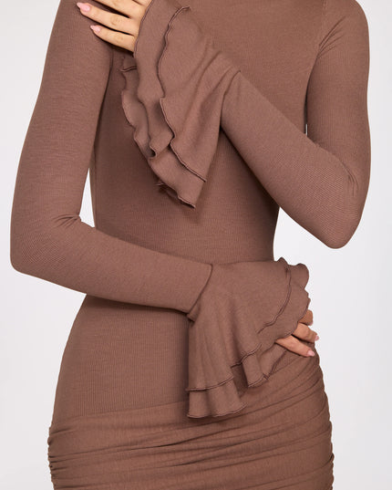 Mocha Ribbed Modal Long-Sleeve Draped Mini Dress