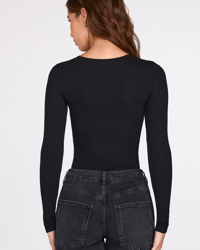 Black Ribbed Modal Long-Sleeve Plunge Bodysuit