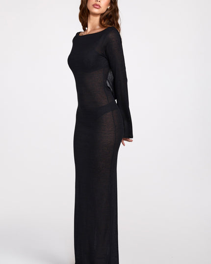 Black Sheer Jersey Long-Sleeve Backless Maxi Dress