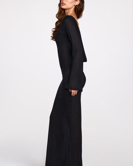Black Sheer Jersey Long-Sleeve Backless Maxi Dress