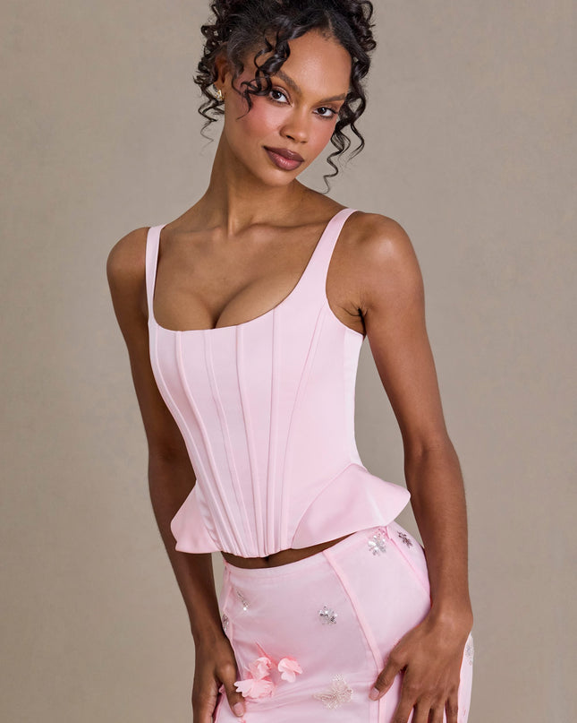 Baby Pink Satin Lace-Up Corset Top