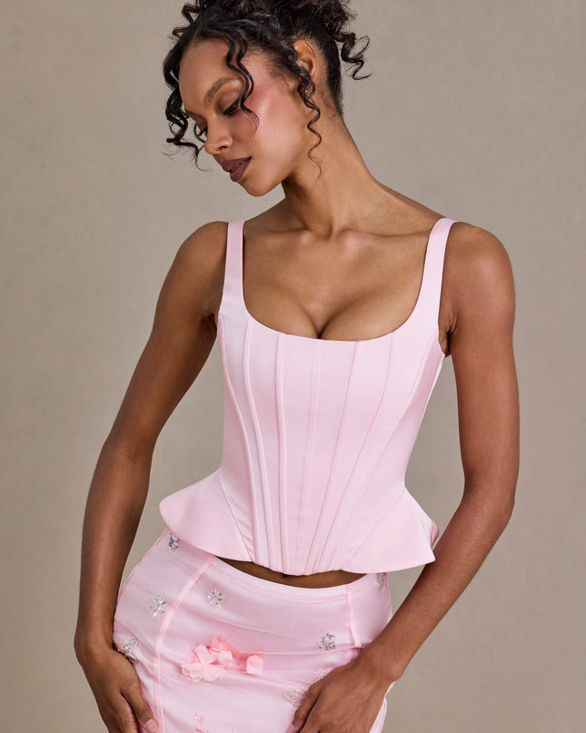 Baby Pink Satin Lace-Up Corset Top