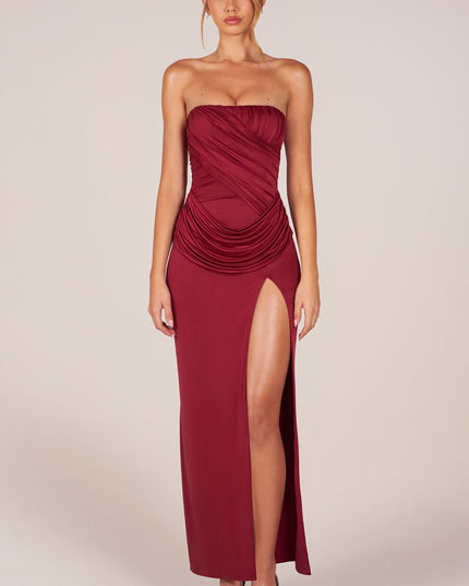 Wine Bandeau Draped Thigh-High Maxi Dress
