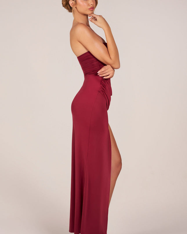 Wine Bandeau Draped Thigh-High Maxi Dress