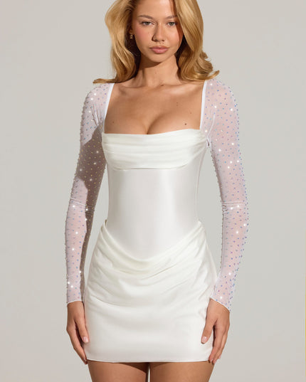White Embellished Long-Sleeve Draped Mini Dress