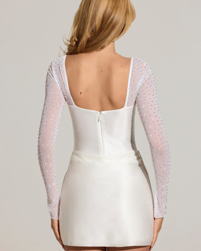 White Embellished Long-Sleeve Draped Mini Dress