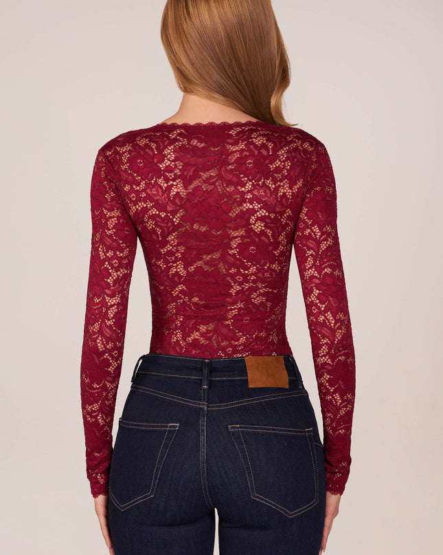 Wine Long-Sleeve Laced Bodysuit