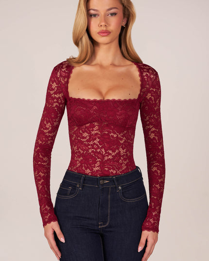 Wine Long-Sleeve Laced Bodysuit