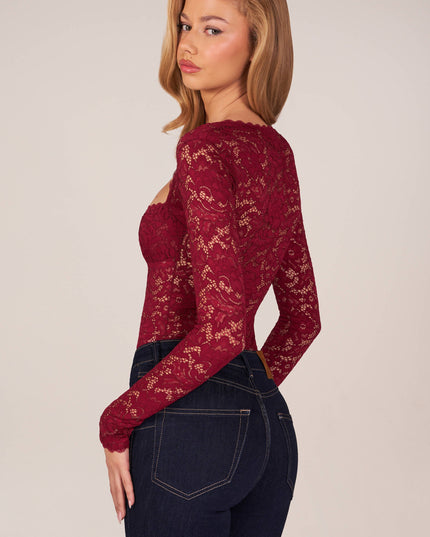 Wine Long-Sleeve Laced Bodysuit