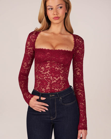 Wine Long-Sleeve Laced Bodysuit
