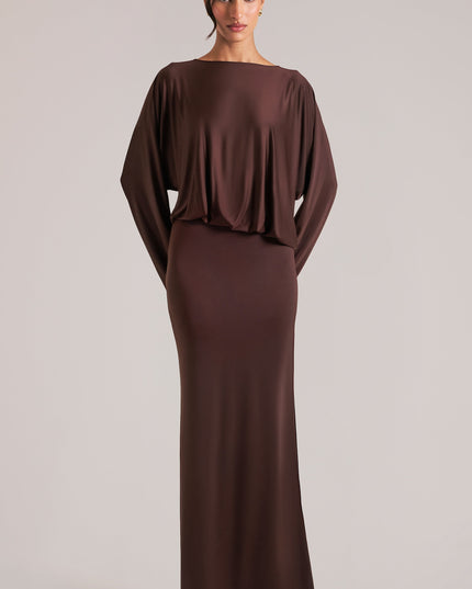 Chocolate Brown Long-Sleeve Draped Maxi Dress