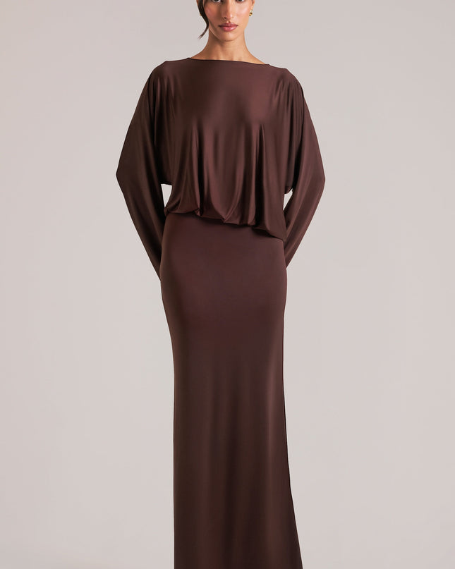 Chocolate Brown Long-Sleeve Draped Maxi Dress